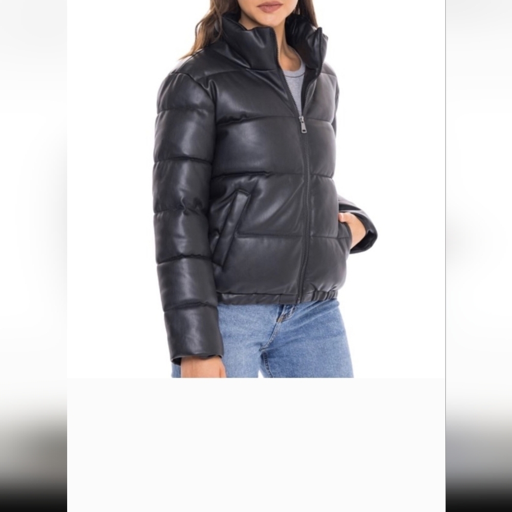 Women's Faux Leather Puffer Jacket Black Puffy Coat - S.E.B. By SEBBY Size 3X - Picture 14 of 16